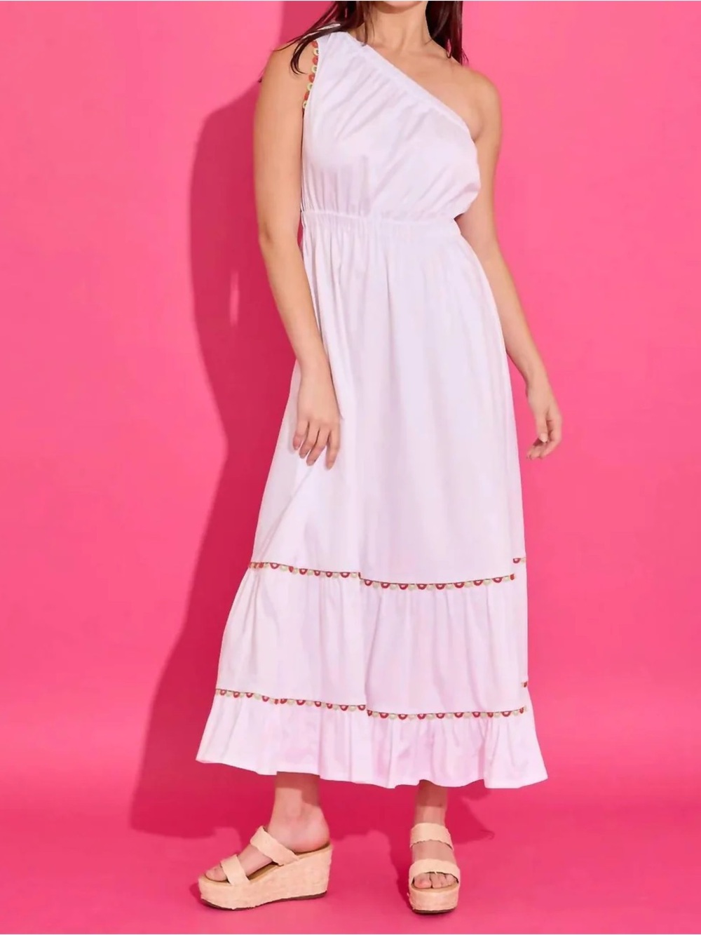 Alden Adair Addison One-Shoulder White Maxi Dress with Ruffle Hem